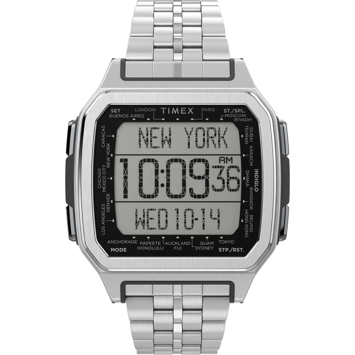 Timex Digital Men's Digital Silver-Tone Dial Square Case Adjustable-Stainless-Steel-Bracelet Function Watch -TW2U17000