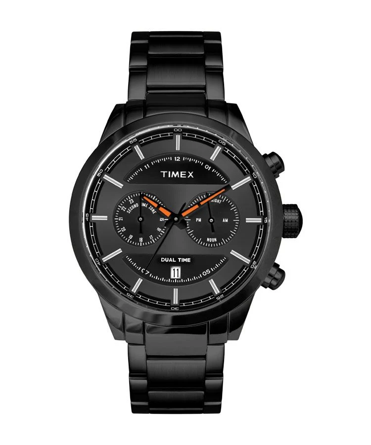 Timex E Class Men's Grey Dial Round Case Dual Time Function Watch -TW000Y409