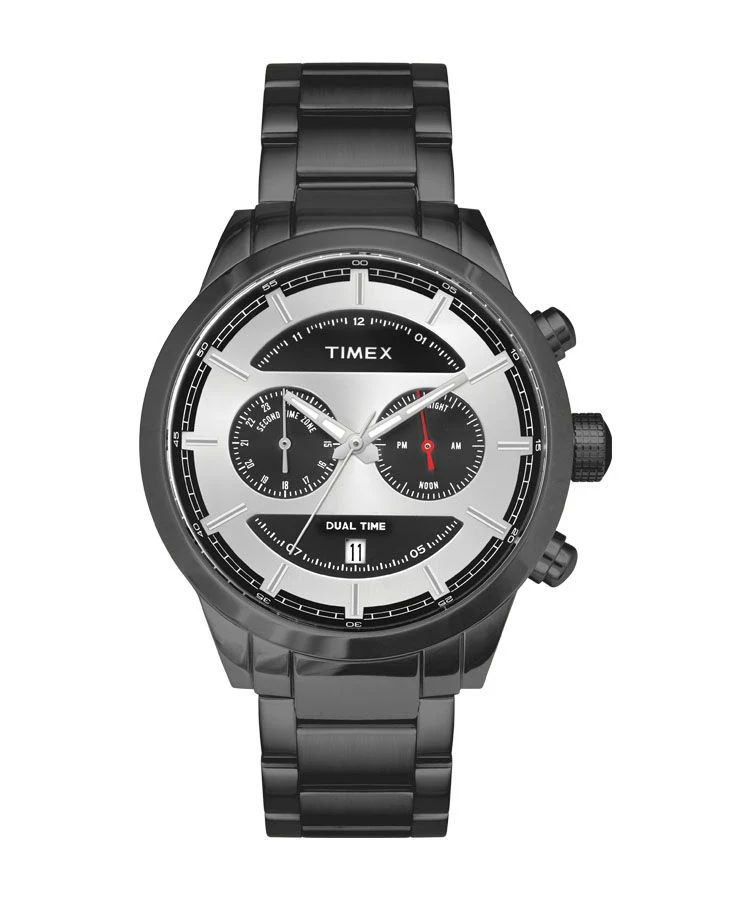 Timex E Class Men's Silver Dial Round Case Dual Time Function Watch -TW000Y412