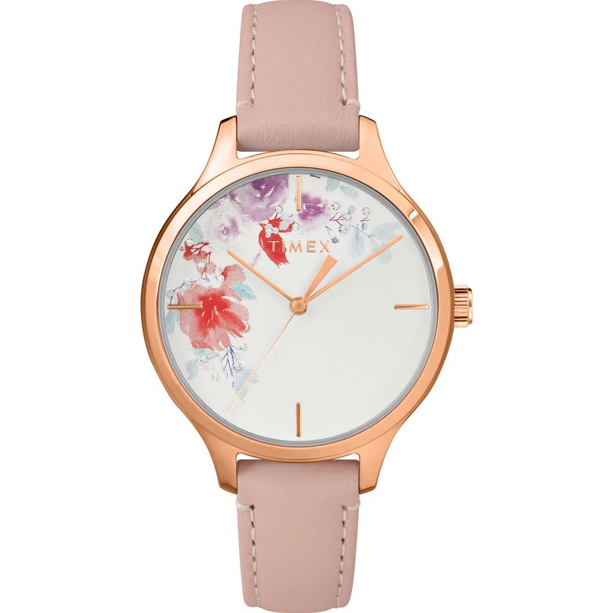 Timex Global Women's Rose Gold-Tone Dial  Case Leather-Strap Function Watch -TW2R87700