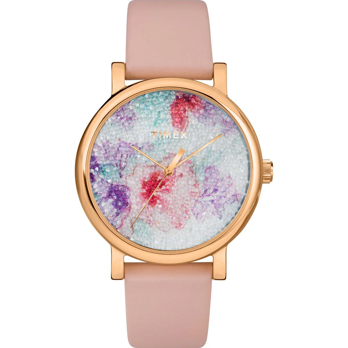 Timex City Collection Women's Quartz Analog Rose Gold-Tone Dial Round Case Leather-Strap Function Watch -TW2R87800