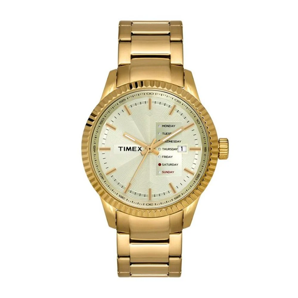 Timex E Class Men's Champagne Dial Round Case Day Date Function Watch -TWEG15101