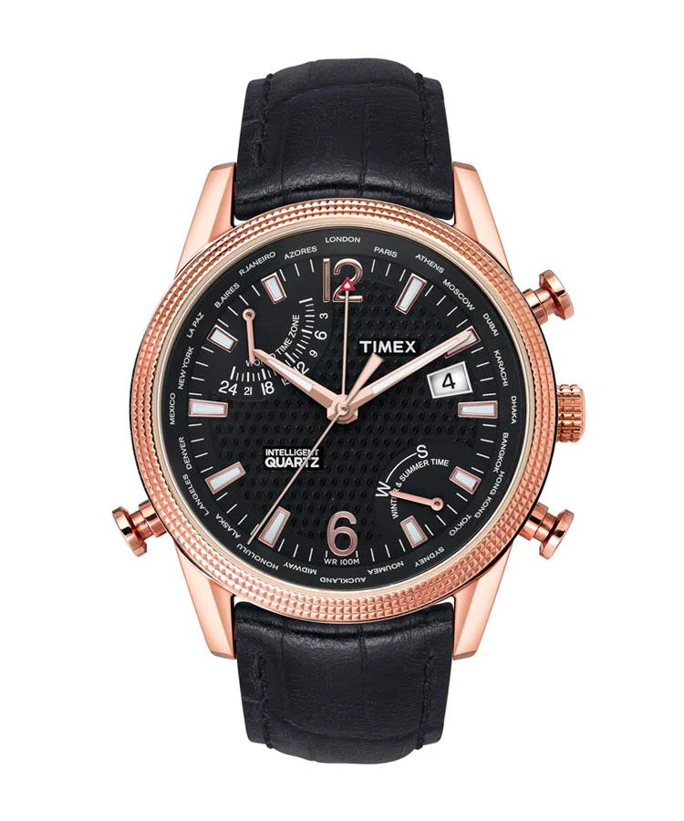 Timex Intelligent Quartz Men's Black Dial Round Case IQ World Time with Indiglo Function Watch -TWEG16104