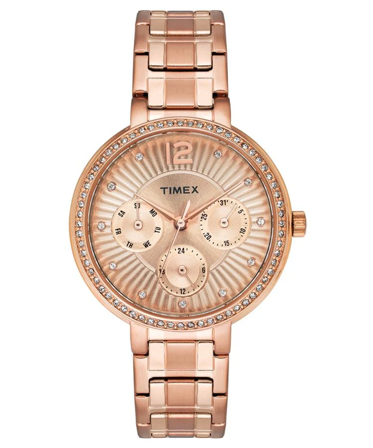 Timex E Class Women's Rose Gold Dial Round Case Multifunction Function Watch -TWEL11904